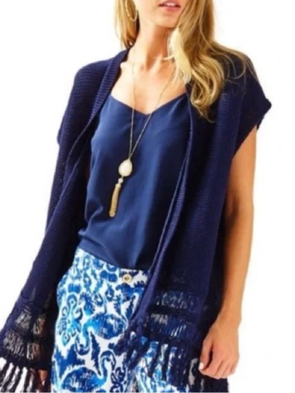 Lilly Pulitzer Navy Bedford Cardigan Open-Front Fringe Knit, size S/M